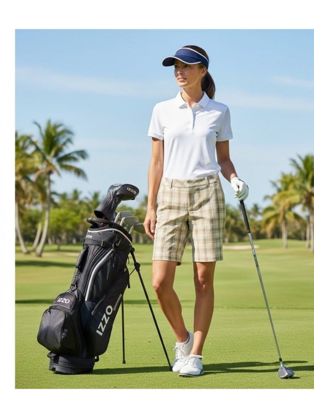 Ladies Izod Golf Plaid Natural Stretch Bermuda Shorts Size 8 Beige & Blue